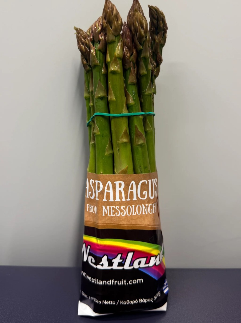 A labelled bunch of Westland asparagus