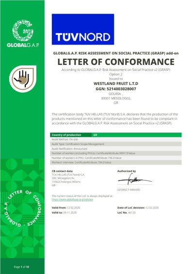 Βεβαίωση συμμόρφωσης GLOBALG.A.P. GRASP, Westland Fruit Ltd